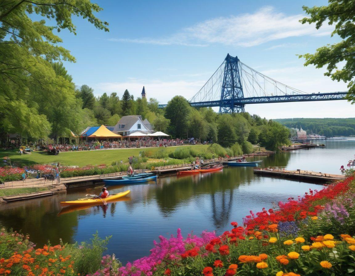 A picturesque lakeside scene in Duluth, showcasing vibrant outdoor events with people enjoying live music and local food. Include the iconic Aerial Lift Bridge in the background, surrounded by lush greenery and colorful flowers. Capture a variety of activities, such as kayaking, biking, and families picnicking, all under a bright blue sky. super-realistic. vibrant colors. 3D.