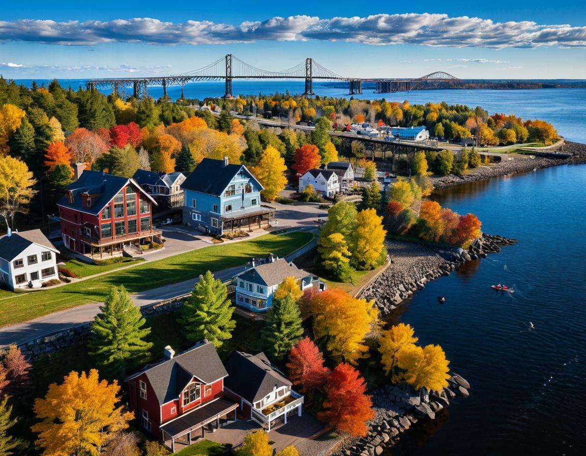 A breathtaking aerial view of Duluth featuring the stunning Lake Superior, with vibrant autumn foliage surrounding cozy lodges and inviting restaurants along the shoreline. In the foreground, a couple enjoys an epic adventure like kayaking, with sailboats in the background, and the iconic Aerial Lift Bridge. The sky is a brilliant blue, dotted with fluffy clouds. super-realistic. vibrant colors. 3D.