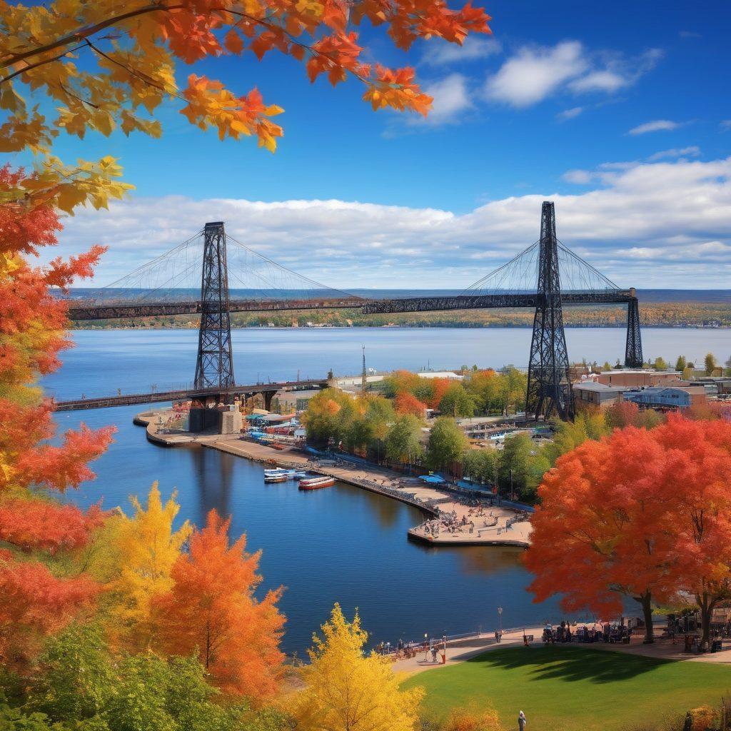 A scenic view of Duluth's waterfront, featuring the iconic Aerial Lift Bridge in the background. Include vibrant autumn foliage and people enjoying various activities like biking, kayaking, and a festival happening nearby. A clear blue sky with fluffy clouds overhead adds to the lively atmosphere. super-realistic. vibrant colors. 3D.